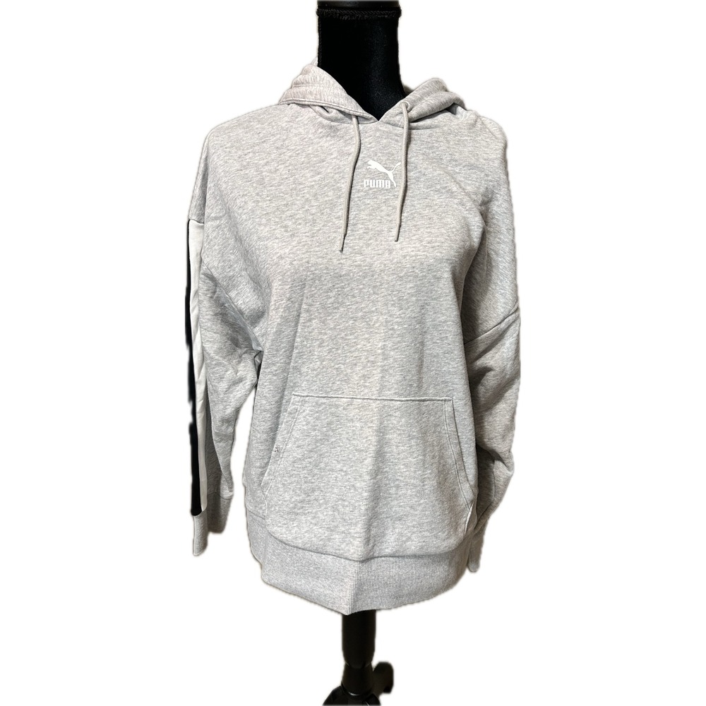 PUMA Women's Large Hoodie Pullover Black Stripe Logo Sweatshirt Kangaroo Pocket